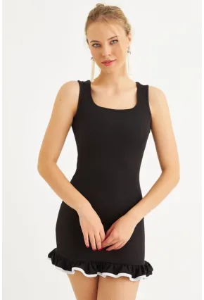 Kadın Siyah Volanlı Kare Yaka Mini Elbise FRY2297