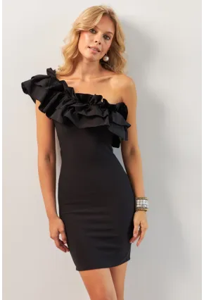 Kadın Siyah Volanlı Mini Elbise KED4294