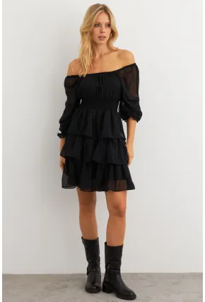 Kadın Siyah Volanlı Şifon Mini Elbise KSD2831