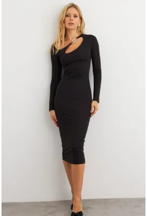 Kadın Siyah Yaka Aksesuarlı Midi Elbise KED7041