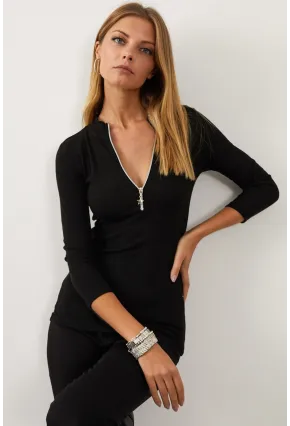 Kadın Siyah Yakası Fermuarlı Kaşkorse Bluz Yİ1953