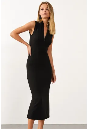 Kadın Siyah Yakası Fermuarlı Kolsuz Kaşkorse Elbise Yİ1959