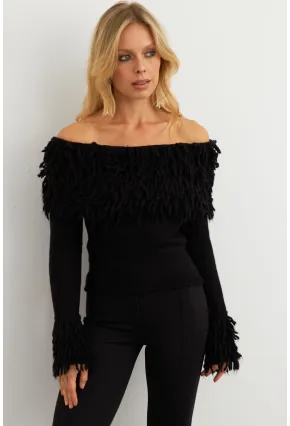 Kadın Siyah Yakası Sakallı Madonna Bluz KZ542