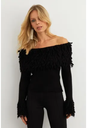 Kadın Siyah Yakası Sakallı Madonna Bluz KZ542