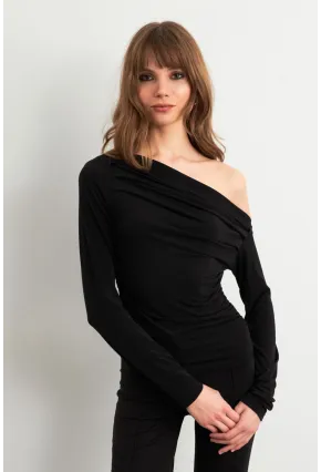 Kadın Siyah Yanları Büzgülü Degaje Bluz SF2561
