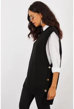 Kadın Siyah Yanları Düğmeli Kolsuz Triko Tunik YV75