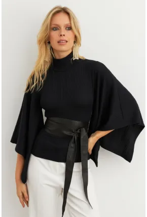 Kadın Siyah Yarasa Kol Balıkçı Bluz MTF32
