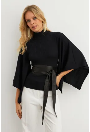 Kadın Siyah Yarasa Kol Balıkçı Bluz MTF32