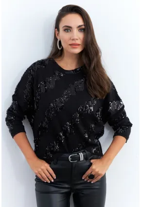 Kadın Siyah Yarasa Kol Payetli Triko Bluz PP6435