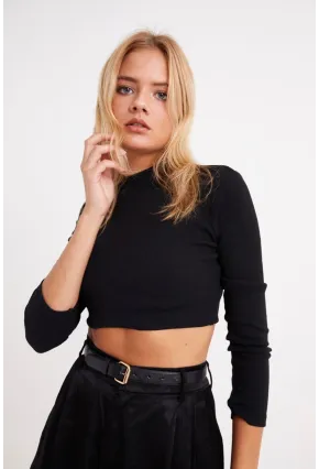 Kadın Siyah Yarım Balıkçı Crop Bluz CG113