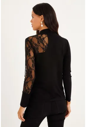 Kadın Siyah Yarım Balıkçı Dantelli Bluz BK1276