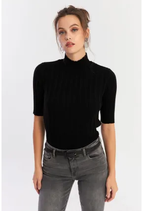 Kadın Siyah Yarım Balıkçı Triko Bluz YV287
