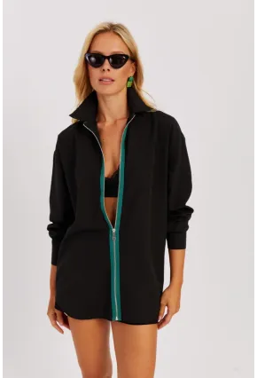 Kadın Siyah Yeşil Fermuarlı Uzun Gömlek SF1317