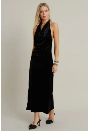 Kadın Siyah Yılbaşı Degaje Yaka Uzun Elbise GÇ197