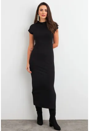 Kadın Siyah Yırtmaçlı Basic Midi Elbise AYD408
