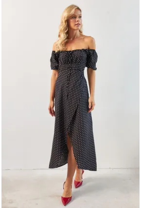 Kadın Siyah Yırtmaçlı Desenli Midi Elbise KED0243