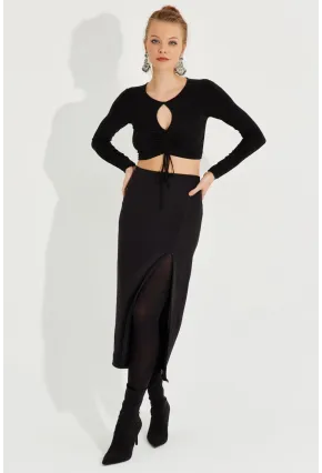 Kadın Siyah Yırtmaçlı Fermuarlı Midi Etek YEL221370