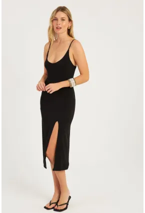 Kadın Siyah Yırtmaçlı Midi Elbise  MON1047