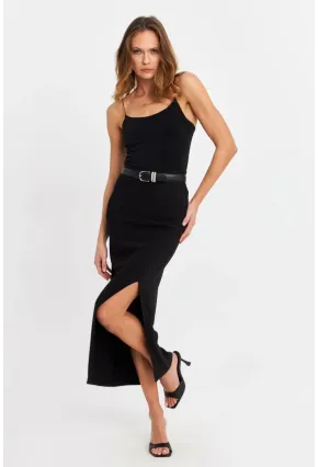 Kadın Siyah Yırtmaçlı Midi Etek MOD1854