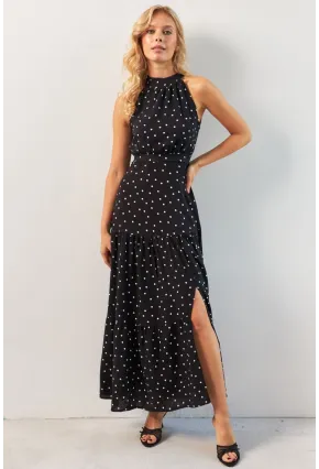 Kadın Siyah Yırtmaçlı Puantiyeli Midi Elbise KED4233