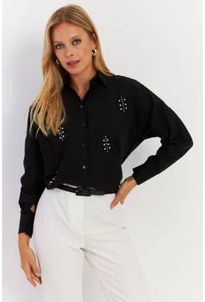 Kadın Siyah Zımbalı Gömlek MASF1