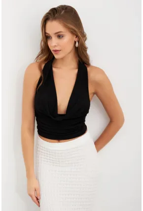 Kadın Siyah Zincir Aksesuarlı Degaje Yaka Bluz MTK13443
