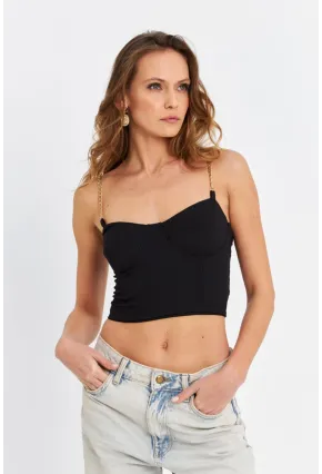 Kadın Siyah Zincir Askılı Crop Bluz LİT100