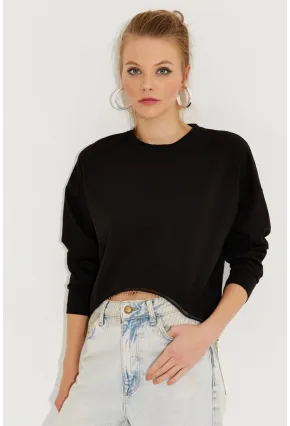 Kadın Siyah Zincirli Asimetrik Sweatshirt EY2664