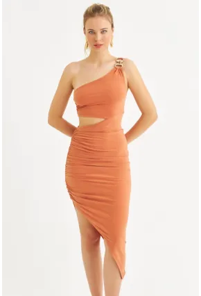 Kadın Somon Drapeli Dekolteli Midi Elbise SDY1264