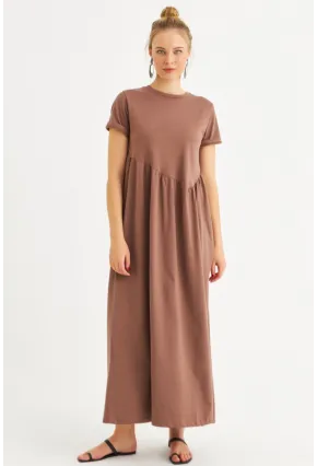 Kadın Sütlü Kahve Asimetrik Dikişli Maxi Elbise MDMR440