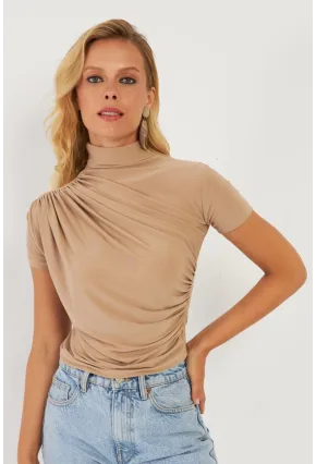 Kadın Sütlü Kahve Büzgülü Bluz LPP1287