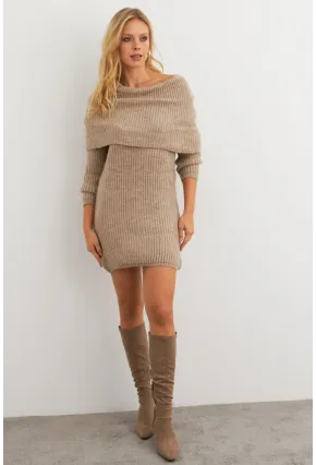Kadın Sütlü Kahve Madonna Yaka Triko Tunik Elbise KAZ36