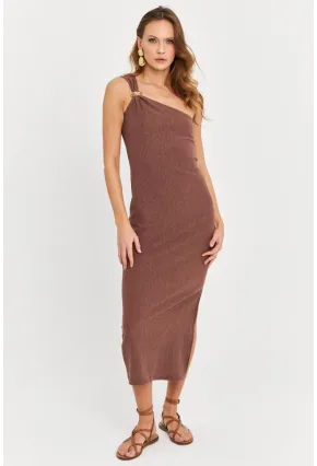 Kadın Sütlü Kahve Omuz Aksesuarlı Kolsuz Midi Elbise MOD2400