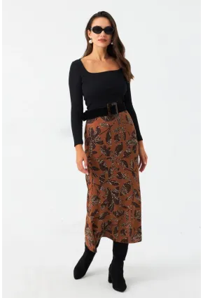 Kadın Taba Desenli Saten Etek CAR1060