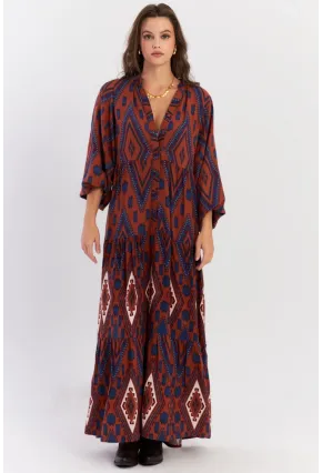 Kadın Taba Desenli Volanlı Maxi Dokuma Elbise ALO339