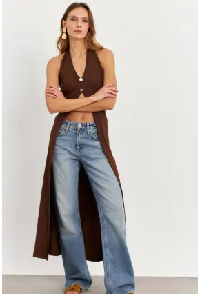 Kadın Taba Düğme Detaylı Uzun Yelek EY3048