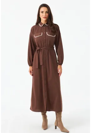 Kadın Taba Kemerli Maxi Gömlek Elbise MASF17