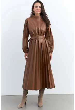 Kadın Taba Pileli Kemerli Maxi Elbise MALZ99