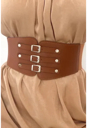 Kadın Taba Üç Tokalı Lastikli Korse Kemer BE642