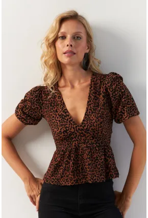 Kadın Taba V Yaka Desenli Bluz KAZ21