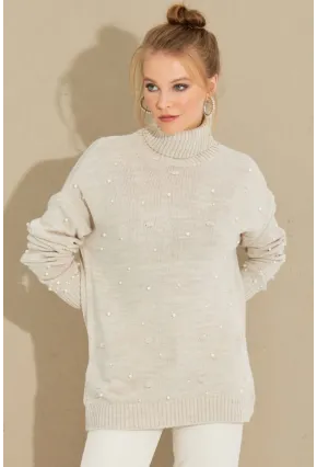 Kadın Taş Balıkçı Yaka İncili Triko Kazak MSS129