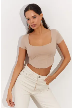 Kadın Taş Kare Yaka Crop Bluz RX420