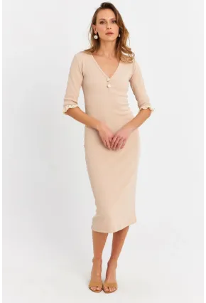 Kadın Taş Kolları Dantel Detaylı Kaşkorse Midi Elbise EY2955