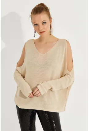 Kadın Taş Kolu Yırtmaçlı Triko Bluz SMT221