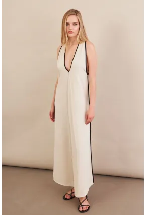 Kadın Taş Kontrast Çizgili Maxi Keten Elbise MSİ101