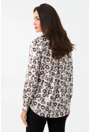Kadın Taş Leopar Desenli Saten Gömlek SHR9