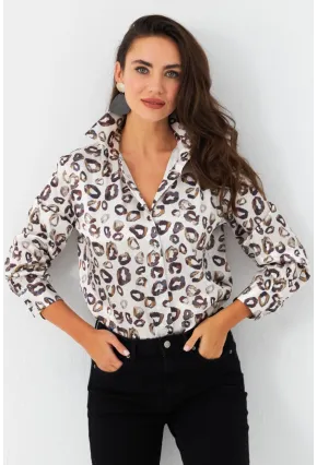Kadın Taş Leopar Desenli Saten Gömlek SHR9