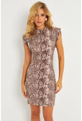 Kadın Taş Omuzları Vatkalı Yılan Desenli Mini Elbise GÇ183