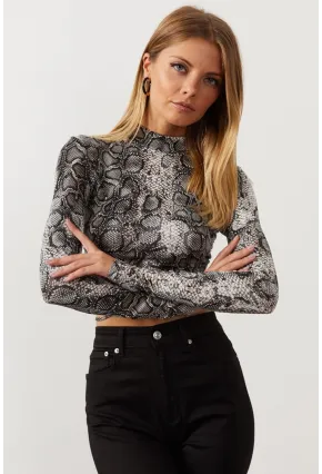 Kadın Taş Sırt Dekolteli Yılan Desenli Crop Bluz LPP1131