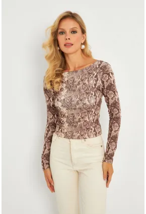 Kadın Taş Sırtı Açık Yılan Desenli Bluz GÇ187